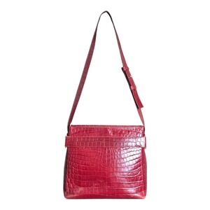 VTG Salvatore Ferragamo Red Croc Embossed Leather Vara Shoulder Bag‎ Italy
